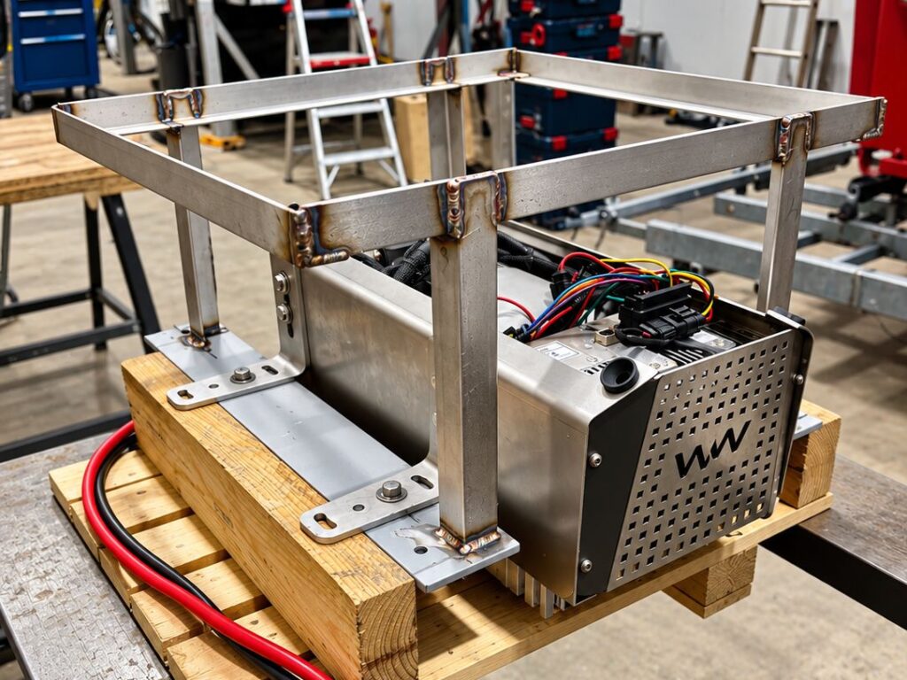 Op maat gelast RVS-accuframe over de WaterWorld 4.0i-elektromotor op de werkbank